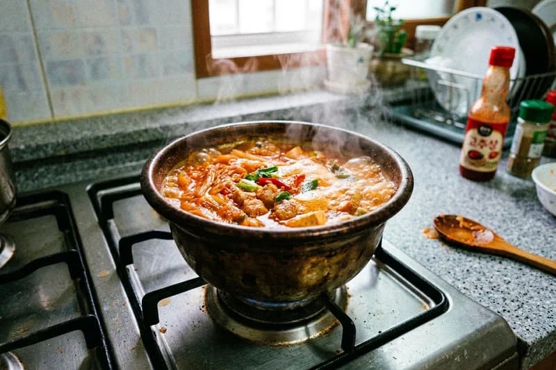 오늘 저녁 김치찌개 끓였어요. 잘 됐네요